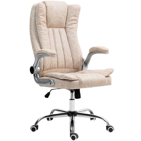HOMCOM Executive Office Chair with Padded Flip-up Arms, Microfiber High Back Desk Chair, Swivel Computer Chair with Adjustable Height and Tilt Function, Cream White HOMCOM