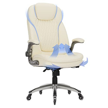 COLAMY Ergonomic High Back Office Chair, Ivory Bonded Leather Executive Desk Chair with Flip-up Arms, Thick Cushion, Silent Nylon Wheels, Adjustable Height & Rocking Function, 300lbs Capacity COLAMY