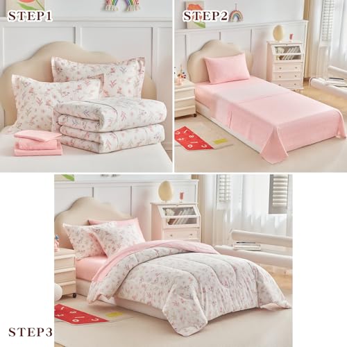 Joyreap 6pcs Cotton Comforter Sheet Set for Girls, Twin Size Bed in a Bag, Pink Floral Design, Soft n Cozy Kids Bedding Comforter Set for All Season- 68x88 inches Joyreap