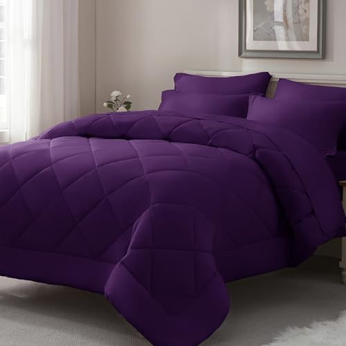 ELNIDO QUEEN® Purple Comforter Set Queen - 7 Pieces Bed in a Bag Queen Size, Bed Set for All Seasons, Ultra Soft Bedding Sets with Comforter, Flat Sheet, Fitted Sheet, Pillowcases and Pillow Shams ELNIDO QUEEN