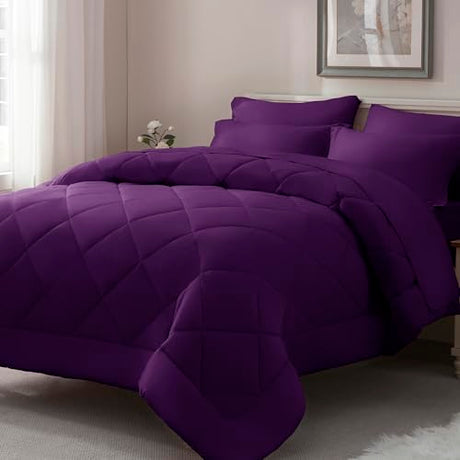 ELNIDO QUEEN® Purple Comforter Set Queen - 7 Pieces Bed in a Bag Queen Size, Bed Set for All Seasons, Ultra Soft Bedding Sets with Comforter, Flat Sheet, Fitted Sheet, Pillowcases and Pillow Shams ELNIDO QUEEN