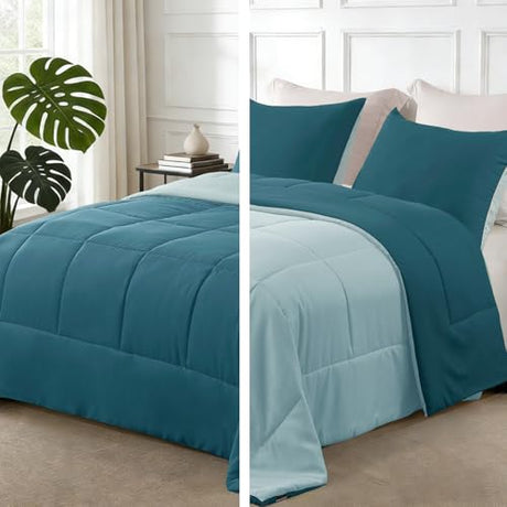 Exclusivo Mezcla Lightweight Reversible Twin Size Comforter Set, Down Alternative Comforter with 1 Pillow Sham, Twin Size Bedding Set for All Seasons, Dusty Teal/Aqua Blue Exclusivo Mezcla
