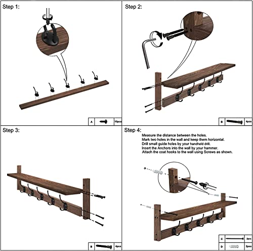 AMBIRD Wall Hooks with Shelf 28.9 Inch Length Entryway Wall Hanging Shelf Wood Coat Hooks for Wall with Shelf Wall-Mounted Coat Hook Rack with 5 Dual Hooks for Bathroom, Living Room, Bedroom  - WoodArtSupply