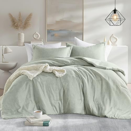 Regency Heights Full/Queen Size Comforter Set, Lightweight Sage Green Soft Bedding for All Seasons, 3 Pieces Chambray Print Solid Farmhouse Bed Set, Comforter & Shams Regency Heights