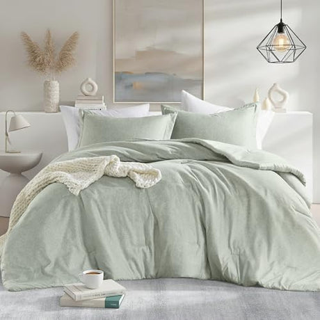 Regency Heights Full/Queen Size Comforter Set, Lightweight Sage Green Soft Bedding for All Seasons, 3 Pieces Chambray Print Solid Farmhouse Bed Set, Comforter & Shams Regency Heights