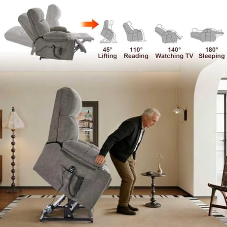 RHHVVR Oversized Recliner Electric Lift Chair, Power Lift Recliner for Big and Tall, 180° Lay-Flat and Assisted Standing, Extra Large Sofa with 8-Point Massage & Heating, Medium-Soft, Gray RHHVVR