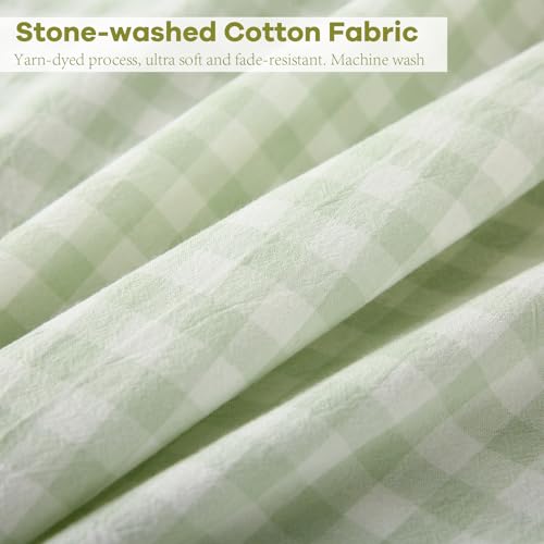 K MASANIJI Pile Green White Plaid Ruffle Gingham Sheets Full Size 4-Piece Set, 300TC 100% Yarn Dyed Cotton Sheets 18 in Deep Pocket Kids Preppy Decorative Bedding (Pile Green/White Plaid, Full) K MASANIJI