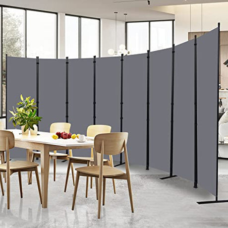 Room Divider Folding Privacy Screens with Wheels, 6FT Tall Divider for Room Separation, Movable Room Partitons and Dividers, Indoor Room Dividers Panel with Fabric (Grey, 8 Panel-176‘’-Flat Base) HOMSCREENER