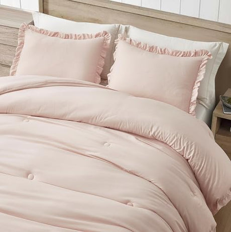 Chezmoi Collection Nora Blush Comforter Set Twin Size 2-Piece Lightweight Soft Stone-Washed Ruffled Shabby Chic Bedding for All Season Chezmoi Collection