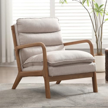 INZOY Mid Century Modern Accent Chair with Wood Frame, Upholstered Reading Armchair with Waist Cushion, Double Padded Accent Chair, Side Chair for Living Room Bedroom Office, Easy Assembly, Beige INZOY