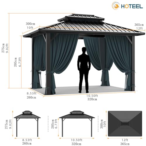 HOTEEL 10x12ft Hardtop Gazebo Heavy Duty Gazebo with Galvanized Steel Double Roof, Flame-Retardant Curtains and Netting, Aluminum Frame Permanent Outdoor Pavilion for Patio, Lawns and Backyar - WoodArtSupply