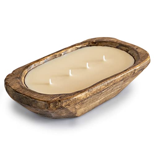 Wooden Dough Bowl Candle 10 Inch, Soy Candle, Farmhouse Candles for Table, Wood Boat 4 Wick, Décor, Unscented - WoodArtSupply