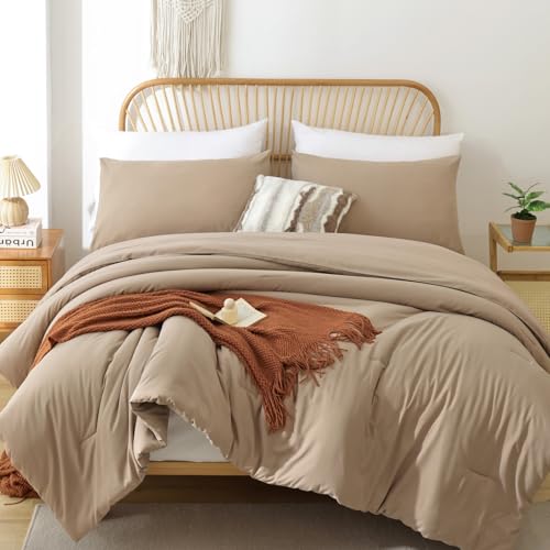 ROSGONIA Queen Comforter Set Taupe Brown, 3pcs(1 Boho Tan Comforter & 2 Pillowcases) All Season Soft Bedding Lightweight Bedspread Blanket Quilt ROSGONIA