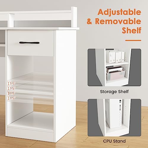 IFANNY Computer Desk with Drawers, Study Table with Storage Shelves, Keyboard Tray, Power Outlet, Wood Makeup Vanity Table, Small Desk for Bedroom, Study, Living Room, Home Office (White, 35.5''H) IFANNY
