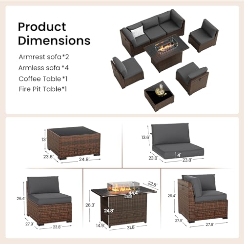 Amopatio 8 Pieces Patio Furniture Set with Fire Pit Table, Outdoor Furniture Sectional Rattan Sofa with Slanted Back, Patio Couch with Glass Coffee Table for Backyard Garden (Dark Grey)