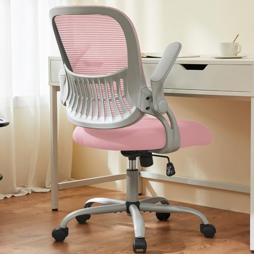 Sweetcrispy Home Office Computer Desk Chair, Ergonomic Mid-Back Mesh Rolling Work Swivel Task Chairs with Wheels, Comfortable Lumbar Support, Comfy Flip-up Arms for Bedroom, Study, Student, Pink Sweetcrispy