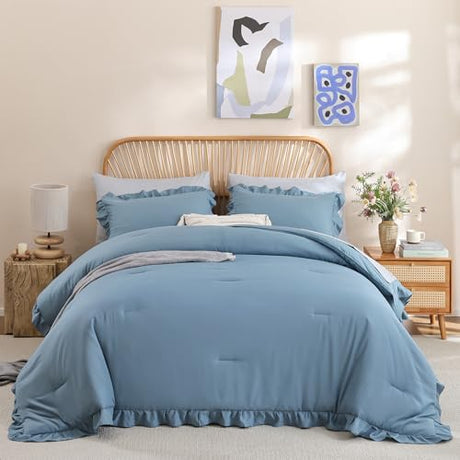 JANZAA Comforters Queen Size Mineral Blue Comforter Set Queen 3PCS(1 Ruffled Comforter Set and 2 Pillowcases) Shabby Chic Bedding Vintage Soft Fluffy Bed Set for All Season JANZAA