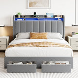 SHA CERLIN Velvet Queen Bed Frame with Vertical Channel Tufted Wingback Headboard & 2 Storage Drawers/2-Tier Shelves with LED Lights & Charging Station/Noise-Free/No Box Spring Needed/Light Grey SHA CERLIN