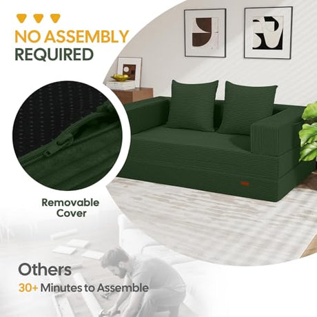 COMAX Futon Sofa Bed, 4‑in‑1 Convertible Sofa Bed, Folding Boneless Couches for Living Room, Fold Out Small Foldable Loveseat Floor Sleeper Comfy Mattress Lounge Space‑Saving, Green COMAX