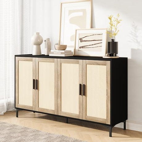 JASIWAY Sideboard - Buffet Cabinet with Storage, Rattan Kitchen Buffet Cabinet Accent Sideboard Cabinets with Doors, Coffee Bar Cabinets Rattan Sideboards for Living Room, Entryway, Black JASIWAY