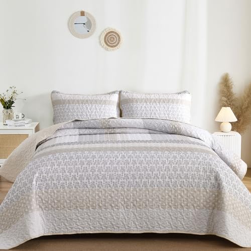WONGS BEDDING Beige Quilt Queen Size, Bohemian Stripe Quilt Sets 3 Pieces Beige Boho Quilted Bedspread Set Lightweight Microfiber Coverlet Bedding Set All Season (96"x90") WONGS BEDDING
