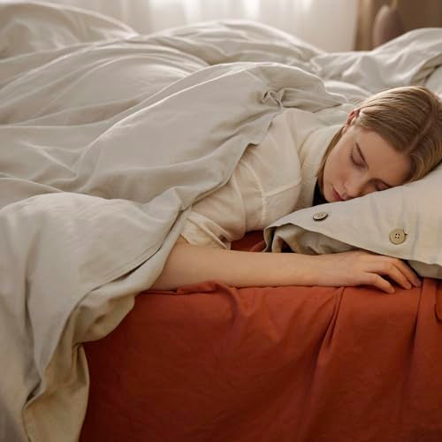Bedsure Linen Duvet Cover Queen Size - Linen Cotton Blend Bedding Set, Soft & Cozy, 3 Pieces, 1 Duvet Cover 90x90 Inches and 2 Pillowcases, Natural Color Cooling Bedding, Comforter Sold Separately Bedsure