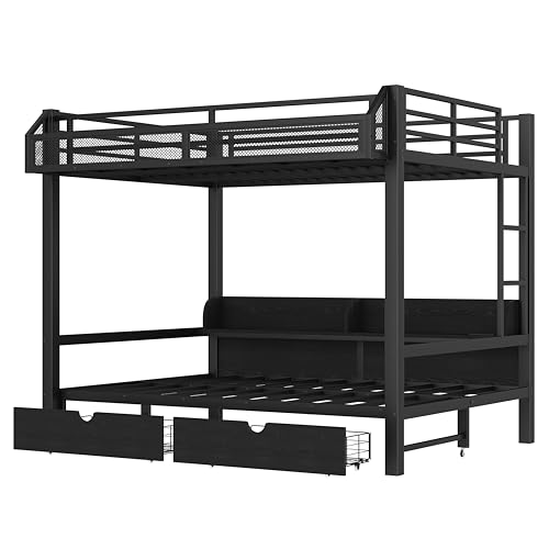 Harper & Bright Designs Queen Size Bunk Bed with Drawers and Storage Shelves, Can be Converted into Sofa, Metal Bunk Bed Frame with USB Ports and LED Lights (Black/Queen) Harper & Bright Designs