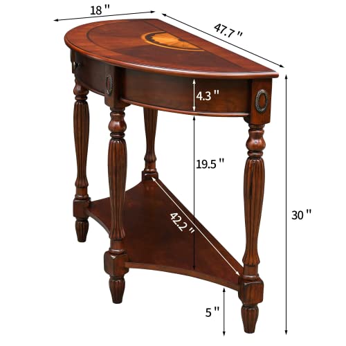 LEEMTORIG Demi Lune Console Table for Entryway Living Room, Cherry Solid Wood Entryway Table with Storage Drawer, Traditional Victorian Antique Sofa Table Hallway Table, Cherry Walnut SFZ-1533-WD-DR LEEMTORIG