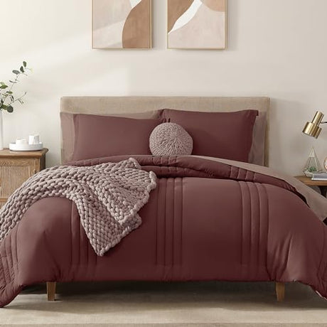 Monbix Queen Comforter Set - 7 Pieces Dark Red Bed in a Bag Queen Bedding Sets with Comforters, All Seasons Comforter Bed Set with Sheets, Pillowcases & Shams Monbix