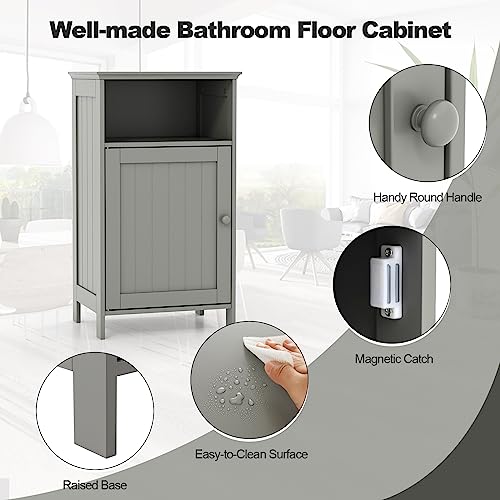CLEEMAN Bathroom Storage Cabinet, Freestanding Wooden Bathroom Floor Cabinet with Door, Open Shelf, 3-Level Adjustable Shelf, Multipurpose Side Storage Organizer for Living Room, Kitchen (Grey) CLEEMAN