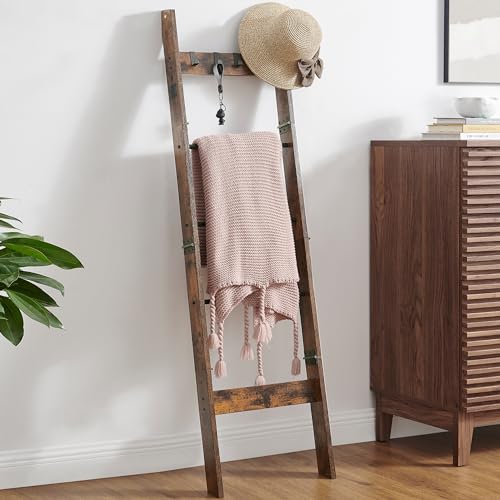 Hzuaneri Blanket Ladder Shelf for Living Room, Decorative Wood Quilt Rack with 4 Removable Hooks, 5-Tier Farmhouse Ladder Holder Organizer for Bedroom, Rustic Brown 02101BBR Hzuaneri