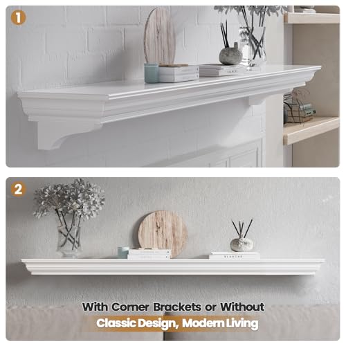 Fireplace Mantel with Invisible Heavy Duty Wood Bracket, Wall Mount Handcrafted Hollow Floating Mantel Shelf for Electric or Traditional Fireplace, Rustic Farmhouse Modern Style (60 Inch, White) ZELAZA