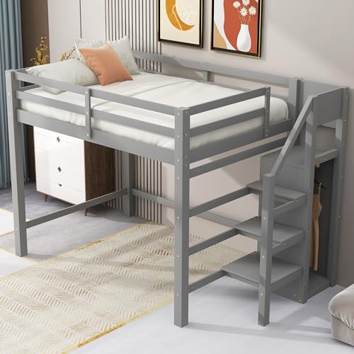 Full Size Loft Bed with Stairs and Built-in Storage Wardrobe, Wood Loft Bed Frame with Storage Shelves and Hanging Rod Gray Loft Beds for Kids Boys Girls Adults Teens Dorm Bedroom Bellemave