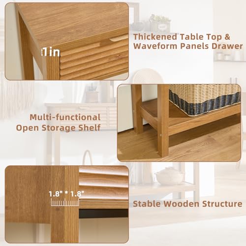 LEYAOYAO Fluted 47.2" Console Table with 3 Drawers, Modern Wood 2 Tier Entryway Table with Open Storage Shelf, Boho Sofa Entry Tables Behind Couch for Living Room, Hallway, Entrance Foyer, Tea Brown LEYAOYAO