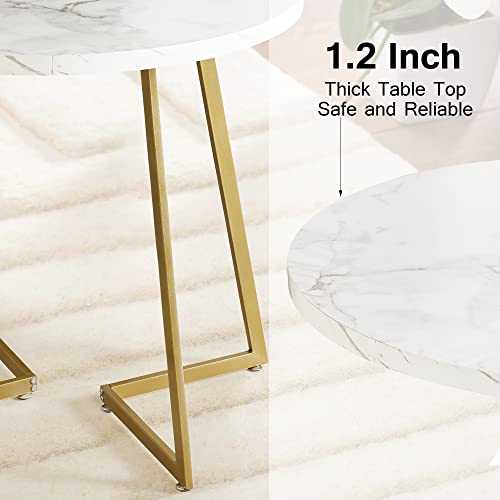 VECELO Round Dining Room Table with Wood Grain Tabletop and Steel Frame, for Kitchen, Living Room, Office, Conference, 2 to 4 Person, White & Gold VECELO