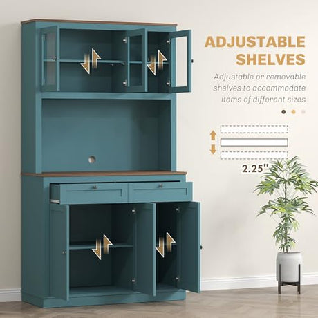 HOMCOM 71" Kitchen Pantry Cabinet, Freestanding Kitchen Hutch with Microwave Stand, 2 Drawers and Adjustable Shelves, Bar Cabinet with Glass and Recessed Doors for Dining Room, Green HOMCOM