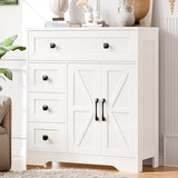 Vabches Farmhouse Storage Cabinet with 2 Doors and 4 Drawers, Freestanding Bathroom Storage Cabinet Kitchen Pantry, Floor Hutch Cupboard for Living Room/Bathroom/Kitchen,(Unique White) Vabches
