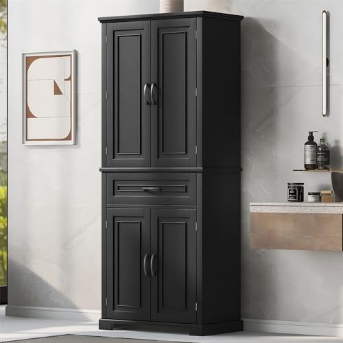 72.2" Tall Storage Cabinet with 4 Doors and Drawer, Freestanding Linen Cabinet, Wooden Pantry with Adjustable Shelf for Kitchen, Bathroom, Living Room, Black