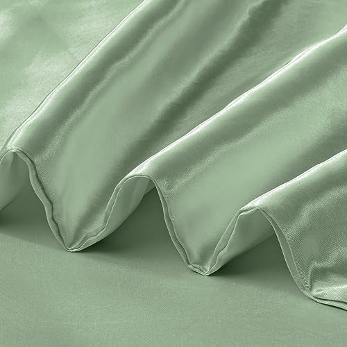 INVGEEXI 5 Pieces Satin Sage Green Duvet Cover Full/Queen Size, Luxury Silky Satin Duvet Cover Ultra Soft Comforter Cover Queen Bedding Set, 1 Duvet Cover + 4 Pillow Cases INVGEEXI