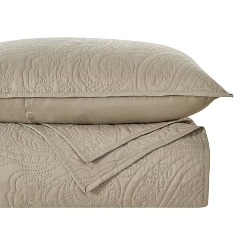 BOURINA Ultrasonic Quilt Set Bedspreads 3-Piece Bedding Set Pre-Washed Microfiber Ultra Soft Lightweight Flower Coverlet Set for All Season, King Beige BOURINA