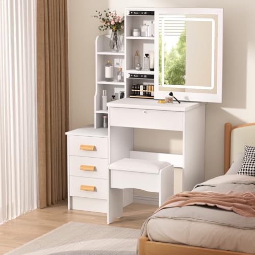 Vanity Desk with Mirror and Lights,Makeup Vanity Desk with Lights 3 Colors,Vanity with 4 Drawers,6 Shelves,Vanity Table Set with Bench for Bedroom,Dressing Table and Chair Set for Girls Women (White) leasote