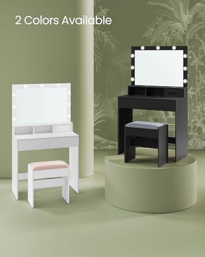 VASAGLE Vanity Desk with Power Outlets, Makeup Vanity with Mirror and Lights, with Upholstered Vanity Stool, 9 Dimmable LED Lights, 2 Compartments, 2 Drawers, for Bedroom, Ink Black URDT029B0 - WoodArtSupply