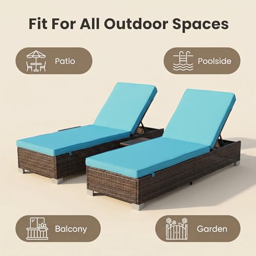 Outdoor Chaise Lounge Chairs Set of 2 with Fixed Side Shelf, All-Weather Wicker Pool Lounge Chair, 5-Position Adjustable Backrest, Removable Washable Light Blue Cushion for Patio, Poolside, Backyard