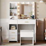Furnivado Vanity Desk with Mirror and Lights, 3 Adjustable Lighting Makeup Vanity Desk with 3 Storage Shelves, 5 Large Drawers and Power Outlet, Vanity with Chair for Bedroom, White Furnivado