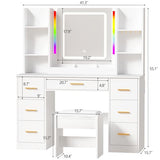 ANWBROAD Makeup Vanity Desk with Mirror and Lights 3 Colors Large Vanity Table with 7 Drawers & RGB Lights White Makeup Table with Charging Station 6 Storage Shelves Stool for Bedroom Women UBDT96W ANWBROAD
