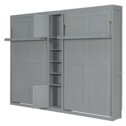 Merax 110W Dual Twin Wall Murphy Beds with Cabinets and Shelves,Sleeping Arrangement for Multipurpose Area, Bedroom, Guest Room or Living Room,Gray Merax