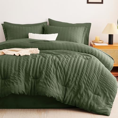 CozyLux King Size Comforter Set Olive Green Seersucker 7 Pieces Bed in a Bag King Comforter Set with Sheets, Luxury Bedding Set with Down Alternative Comforter, Sheets, Pillowcases & Shams All Seasons CozyLux