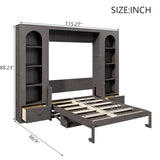 Merax Queen Size Murphy Platform Bed with Shelf, Side Cabinets, Drawers and LED, Gray Merax