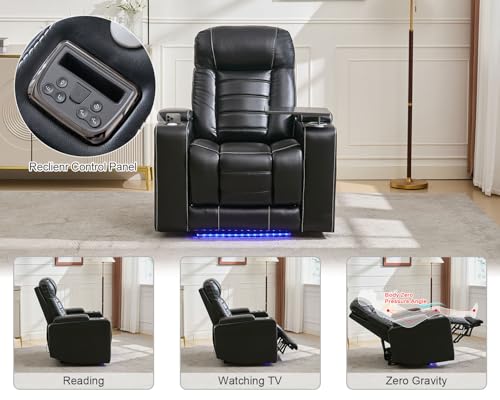 Power Recliner with Zero Gravity,Adjustable Headrest,Wireless Charger,LED Light Faux Leather Electric Reclining Chair Home Theater Seating USB Type-C Port,Cup Holder,Tray Table,Extended Footrest Black