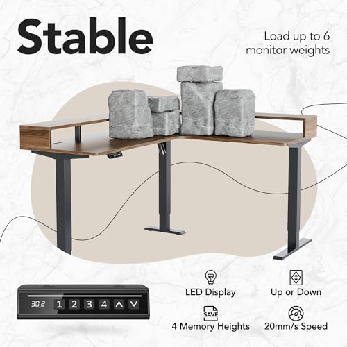 HUANUO Electric L Shaped Stadning Desk with LED Strip & Power Outrlets, 63" x 55" 2-Tier Height Adjustable Sit Stand up Desk with Power Strip Holder, Ergonomic Corner Computer Table, Walnut HUANUO
